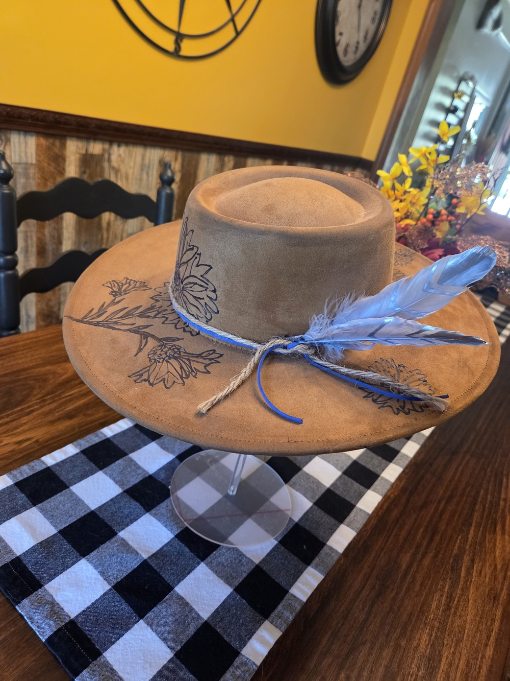 Suede Wide Brim Hat with Blue Feather Accent